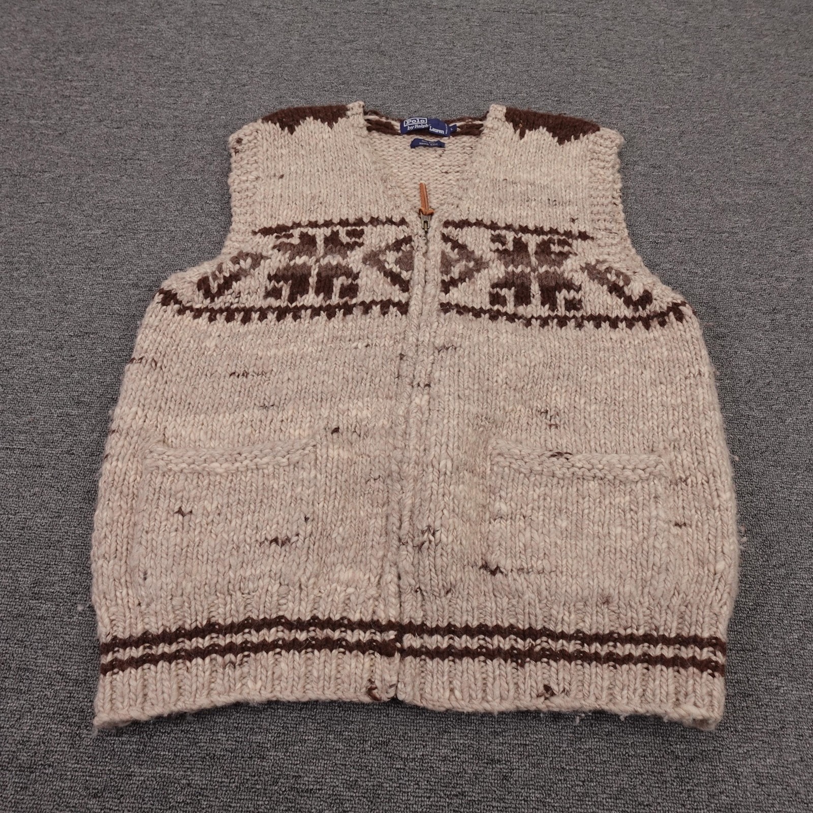 Vintage Polo By Ralph Lauren Vest Large Beige Wool Hand Knit Full Zip Pattern